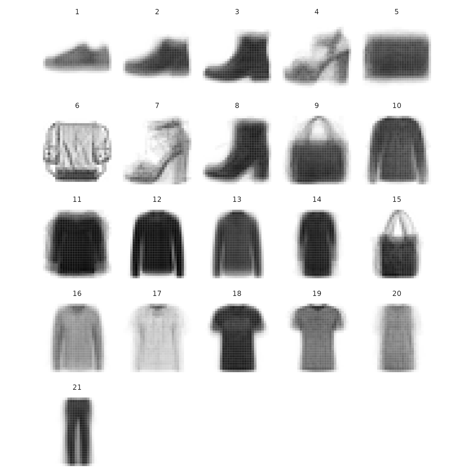 Visualization of the clusters centers extracted on the FashionMNIST data.